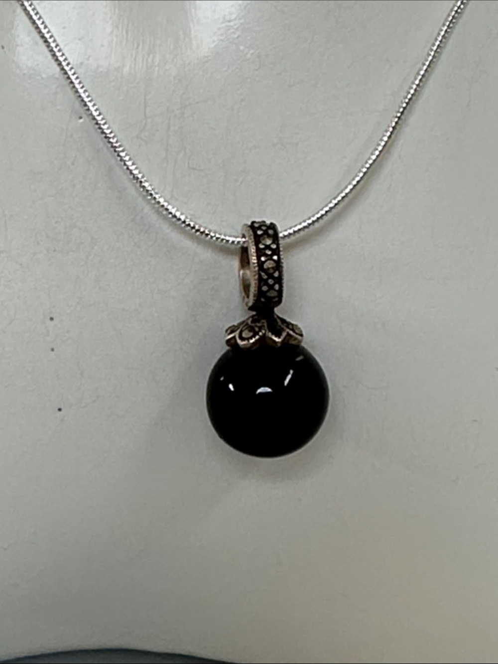 Black Onyx Orb Pendant Necklace with Silver-Tone Bail